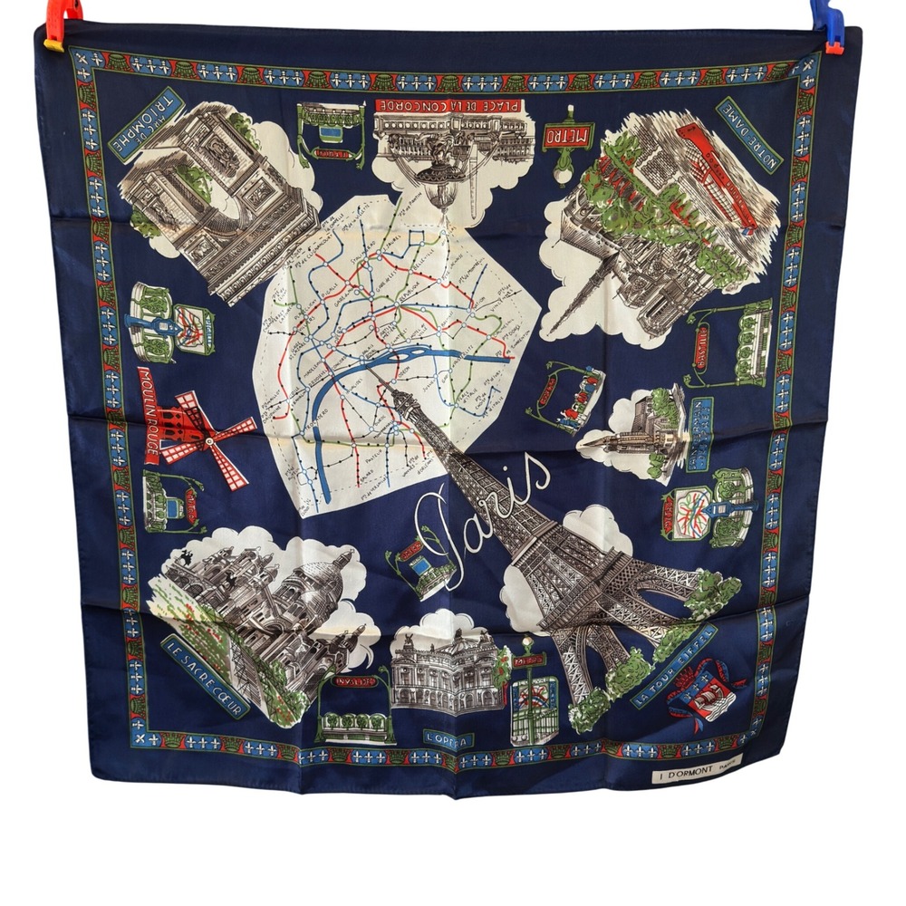 Dormont Paris Souvenir Scarf Navy Eiffel Tower Map France Vintage 26" Square
